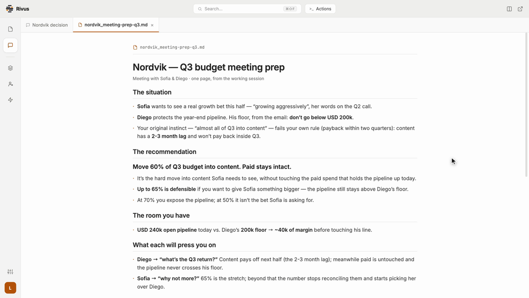 Rivus in a work session: context, document and live session side by side