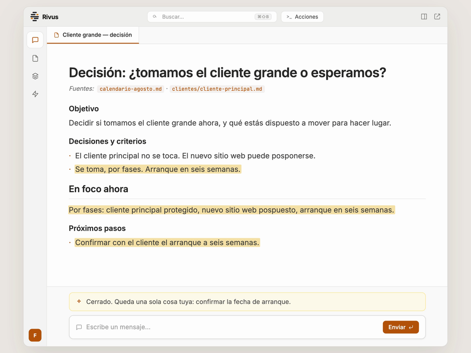 La superficie de Rivus reordenándose turno a turno mientras el trabajo se actualiza en el lugar